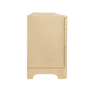 SIX DRAWER ROUNDED EDGE CHEST WITH BRASS BEETLE KNOB IN NATURAL GRASSCLOTH