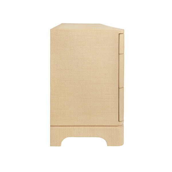 SIX DRAWER ROUNDED EDGE CHEST WITH BRASS BEETLE KNOB IN NATURAL GRASSCLOTH