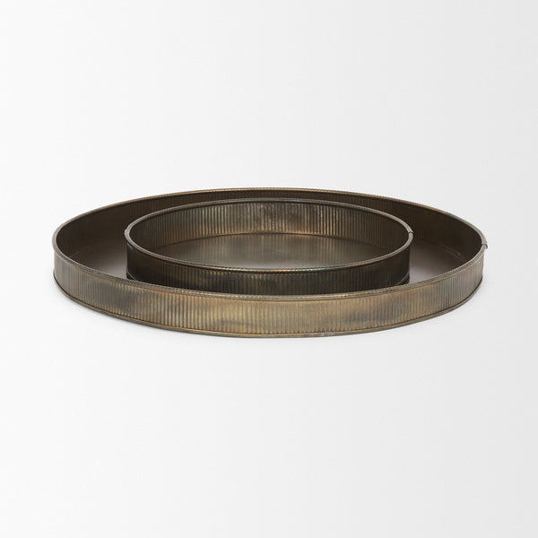 Varun Round Antiqued Brass Metal Tray (Set of 2)