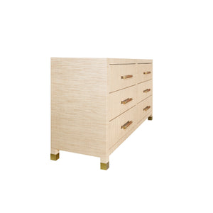 SIX DRAWER CHEST WITH RATTAN WRAPPED HANDLES IN NATURAL GRASSCLOTH