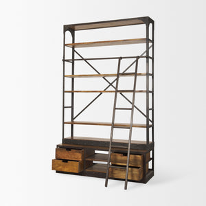 Brodie II Medium Brown Wood Black Ladder Four Shelf Shelving Unit 57L x 20.5W x94H