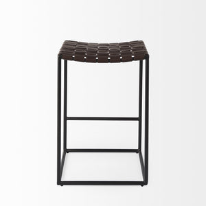 Clarissa 18.0L x 16.0W x 26.25H Dark Brown Woven Leather Seat W/ Black Iron Frame Counter Stool
