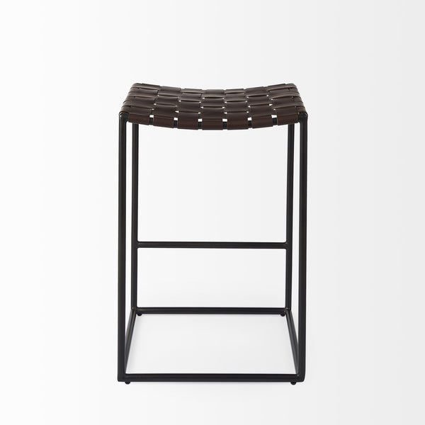Clarissa 18.0L x 16.0W x 26.25H Dark Brown Woven Leather Seat W/ Black Iron Frame Counter Stool