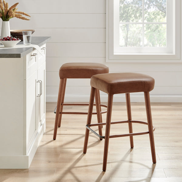 Rylee KD Faux Leather Backless Counter Stool, Vintage Cognac 