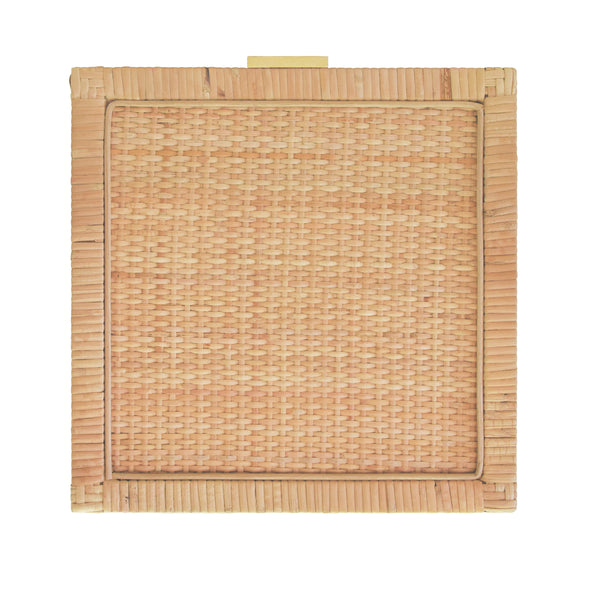LARGE NATURAL RATTAN DECORATIVE BOX WITH BRASS FOOT CAPS