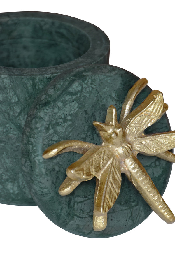 GREEN MARBLE CONTAINER WITH BRASS DRAGONFLY TOP