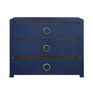 THREE DRAWER CHEST WITH ANTIQUE BRASS CIRCLE HARDWARE IN TEXTURED NAVY LINEN