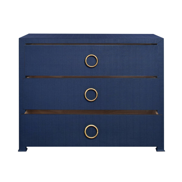 THREE DRAWER CHEST WITH ANTIQUE BRASS CIRCLE HARDWARE IN TEXTURED NAVY LINEN