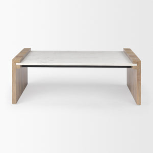 Athens  48.0L x 28.0W x 16.0H Light Brown Wood and White Marble Coffee Table