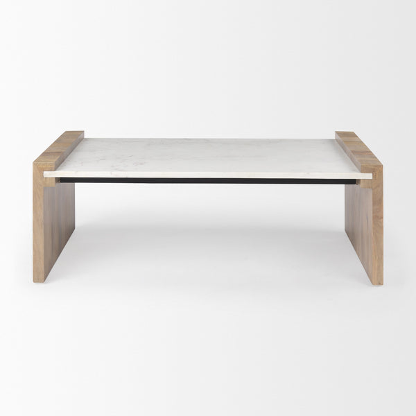 Athens  48.0L x 28.0W x 16.0H Light Brown Wood and White Marble Coffee Table