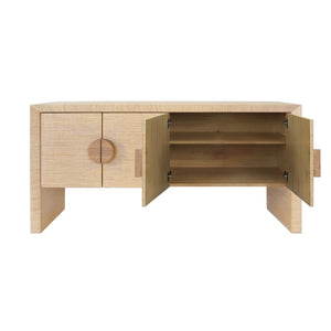 FOUR DOOR BUFFET IN NATURAL GRASSCLOTH WITH CERUSED OAK HANDLES