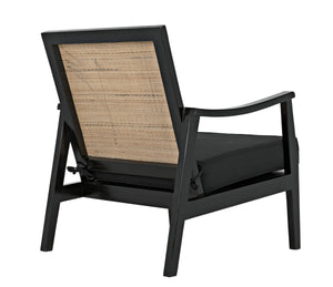 Lichtenstein Sungkai and Mindi Wood Chair with Peeled Rattan Detailing in Charcoal Black with Black Cotton Upholstery