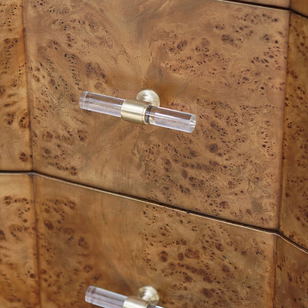 3 DRAWER CHEST IN DARK BURL WOOD WITH ACRYLIC HARDWARE