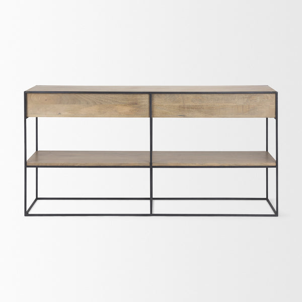 Morris 63.0L x 15.0W x 31.0H Beige Wood w/ Black Metal Frame 2 Drawer Console Table