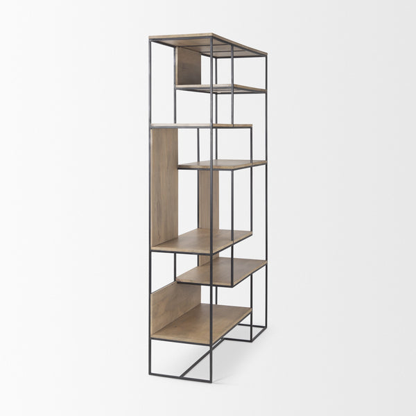 Morris 47.0L x 15.0W x 75.0H Light Brown Wood w/ Black Metal Frame 6-Tier Shelving Unit