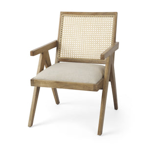 Donna Light Brown Wood Cane-Back w/ Beige Upholstered Seat Accent Chair