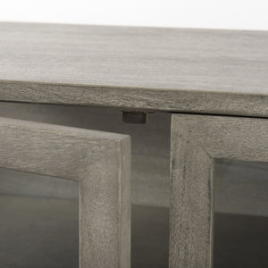 Arelius 36L x 18W x 32H Gray Wood, Black Metal Base w/ 2 Glass Doors Accent Cabinet