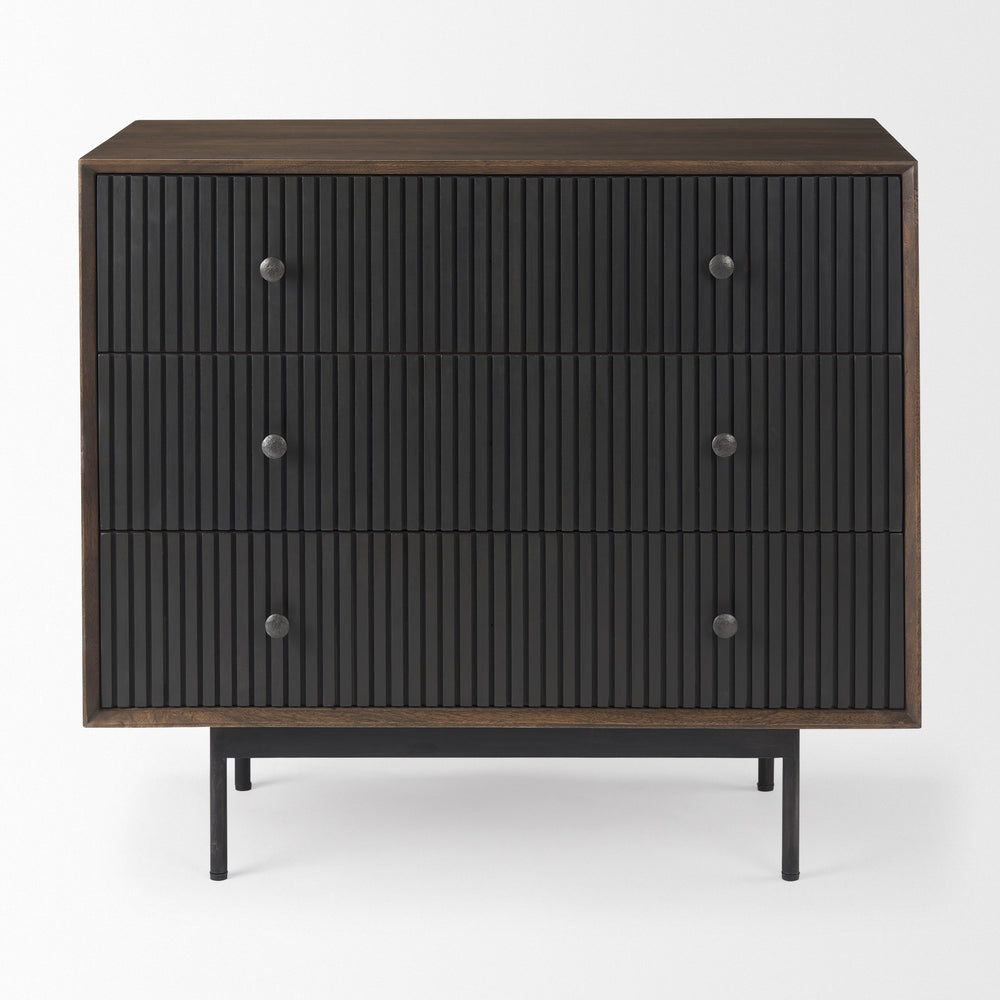 Grace 35.5L x 18.0W x 31.0H Medium Brown Wood W/Black Metal Frame 3 Drawer Accent Cabinet