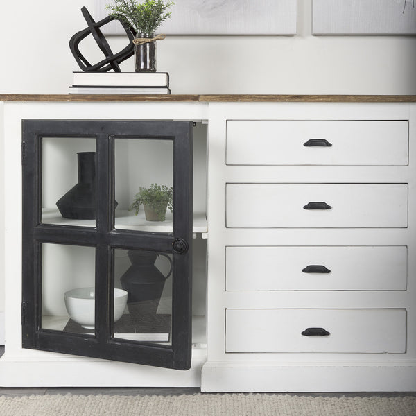 Bourchier 75x21 White/Black Solid Wood Frame Brown Top 4 Drawer 2 Glass Cabinet Buffet