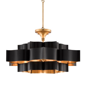 Grand Lotus Black Large Chandelier In Satin Black & Contemporary Gold Leaf