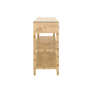 THREE DRAWER CONSOLE WITH TWO OPEN SHELVES IN BURL WOOD WITH POLISHED BRASS KNOBS