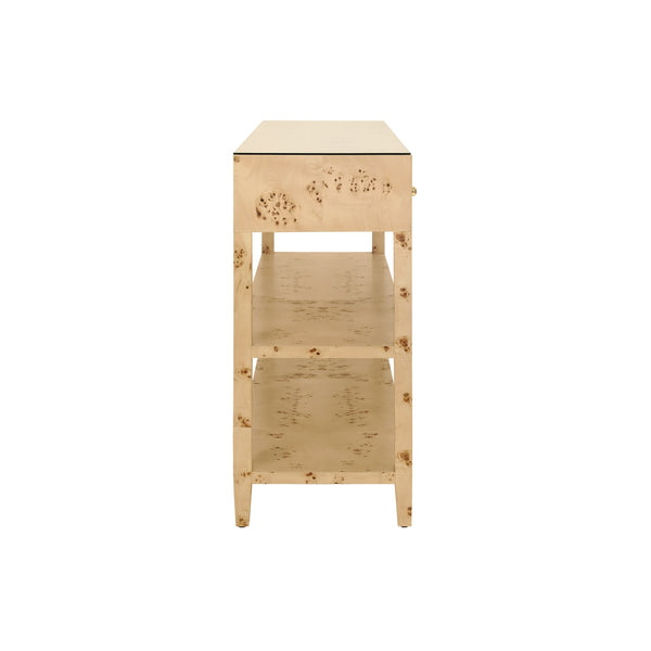 THREE DRAWER CONSOLE WITH TWO OPEN SHELVES IN BURL WOOD WITH POLISHED BRASS KNOBS