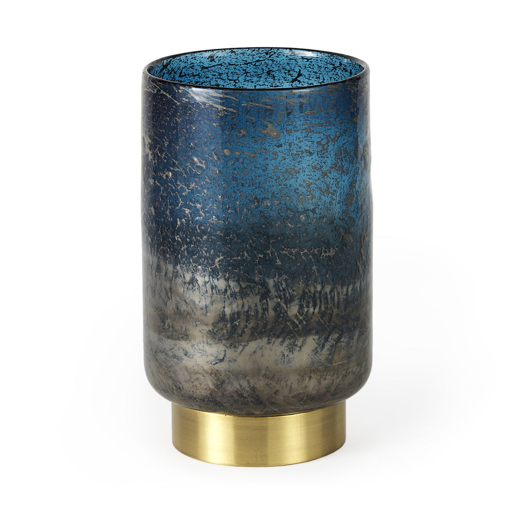 Caspian I Tall Blue Glass Antiqued Brass Bottom Vase