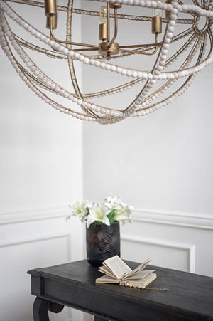 Ava White (34"D) Gold Metal and White Wood Beaded Six Bulb Chandelier