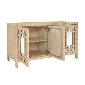 FOUR DOOR BUFFET WITH MIRROR FRONT DOORS AND WRAPPED RATTAN