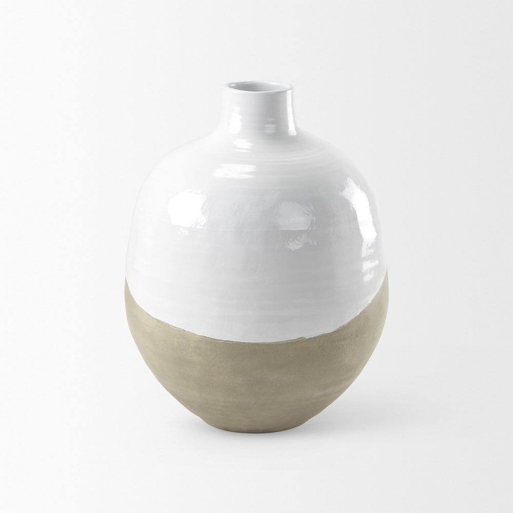 Amos 18.5L x 18.5W x 24.4H White and Dark Beige Color Blocked Ceramic Floor Vase