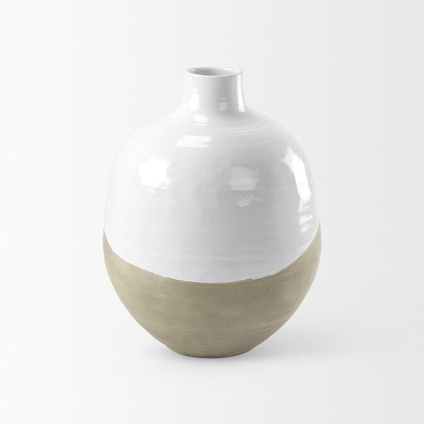 Amos 18.5L x 18.5W x 24.4H White and Dark Beige Color Blocked Ceramic Floor Vase