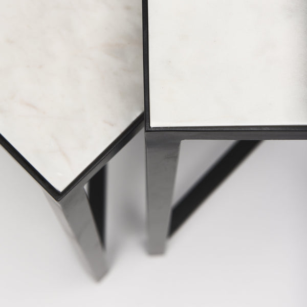 Lucas III (Set of 2) 15L x 15W; 12L x 12W White Marble W/Black Iron Frame Accent Tables