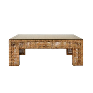 WIDE LEG RECTANGULAR RATTAN COFFEE TABLE WITH GLASS TOP