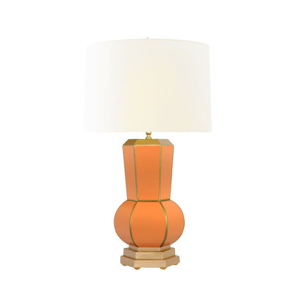 HANDPAINTED GOURD SHAPE TOLE TABLE LAMP IN ORANGE WITH GOLD DETAIL