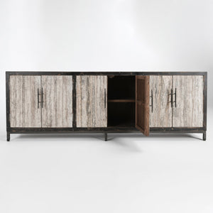 Lisbon Solid Wood 6Dr Cabinet - Weathered Black/Travertine