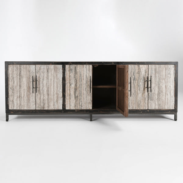 Lisbon Solid Wood 6Dr Cabinet - Weathered Black/Travertine