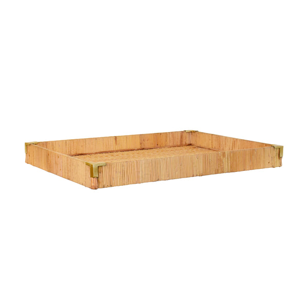 LARGE RECTANGULAR NATURAL RATTAN WRAPPED TRAYS WITH BRASS CORNERS