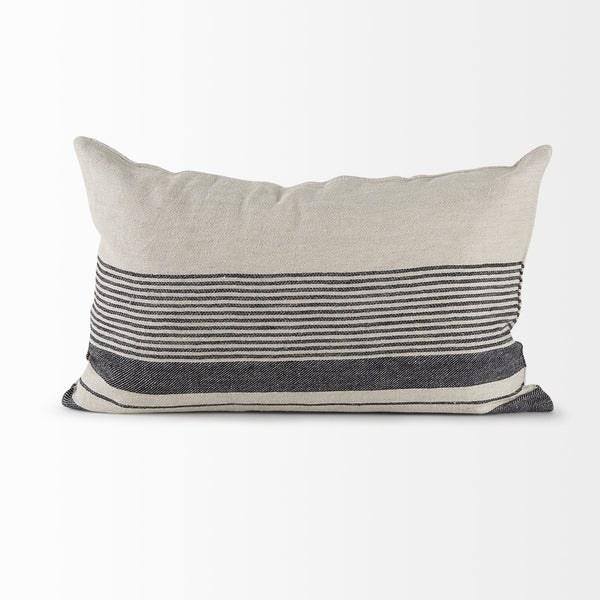 Thalia 13L x 21W Black and Beige Fabric Striped and Fringed Decorative Pillow Cover