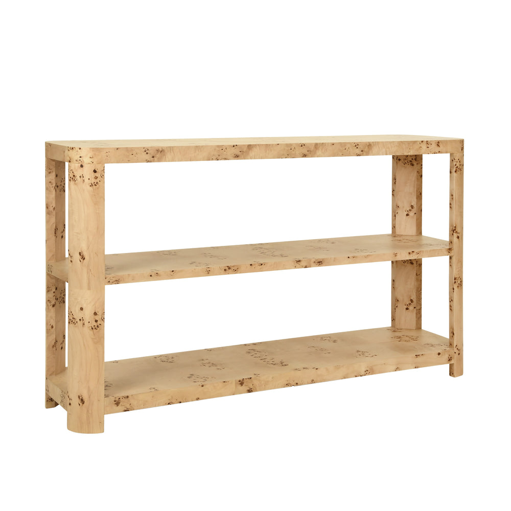 TIER TIER CONSOLE WITH CURVED CORNERS IN BURL WOOD