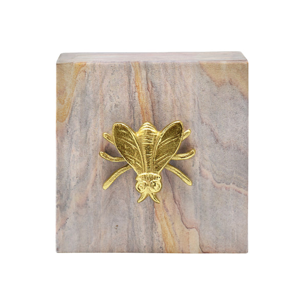 GOLDEN BROWN BIDASER MARBLE BOX WITH BRASS BEE TOP