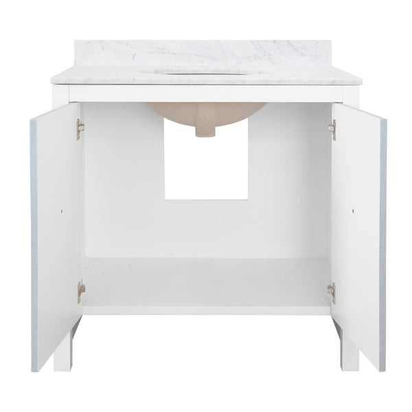 BATH VANITY WITH TEXTURED LIGHT BLUE LINEN DOORS, MATTE WHITE LACQUER SURROUND, ANT BRASS HARDWARE, WHITE MARBLE TOP, AND PORCELAIN SINK