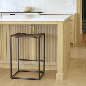 Clarissa 18.0L x 16.0W x 26.25H Dark Brown Woven Leather Seat W/ Black Iron Frame Counter Stool