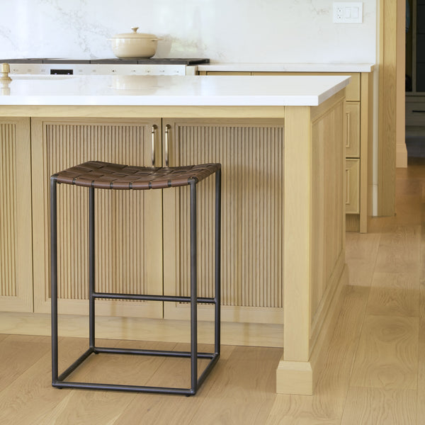 Clarissa 18.0L x 16.0W x 26.25H Dark Brown Woven Leather Seat W/ Black Iron Frame Counter Stool