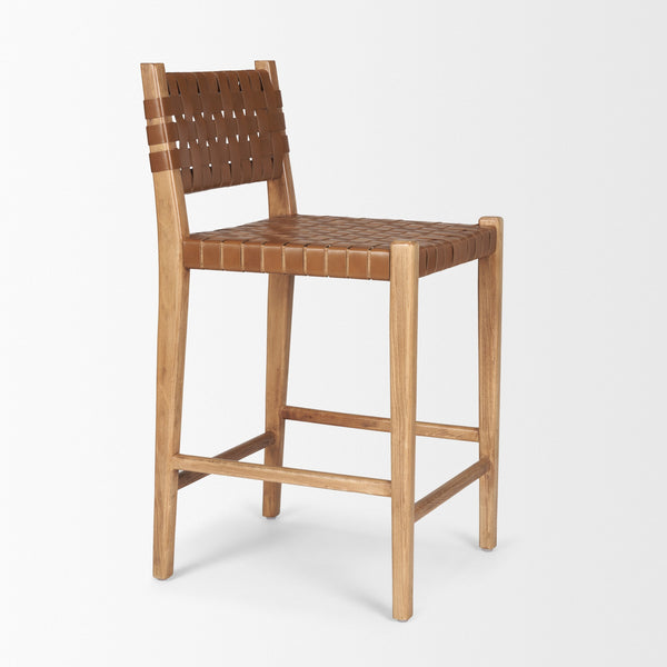 Shane Brown Wood w/ Woven Brown Leather Counter Stool