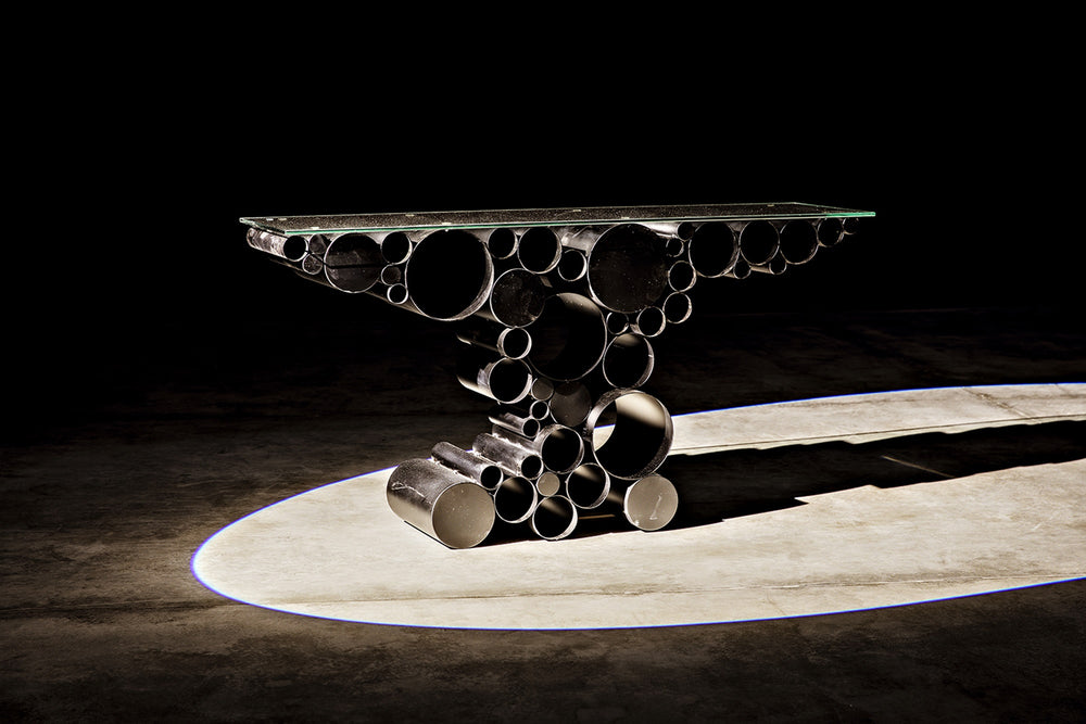 Paradox Console Table in Matte Black Industrial Steel with Glass Top