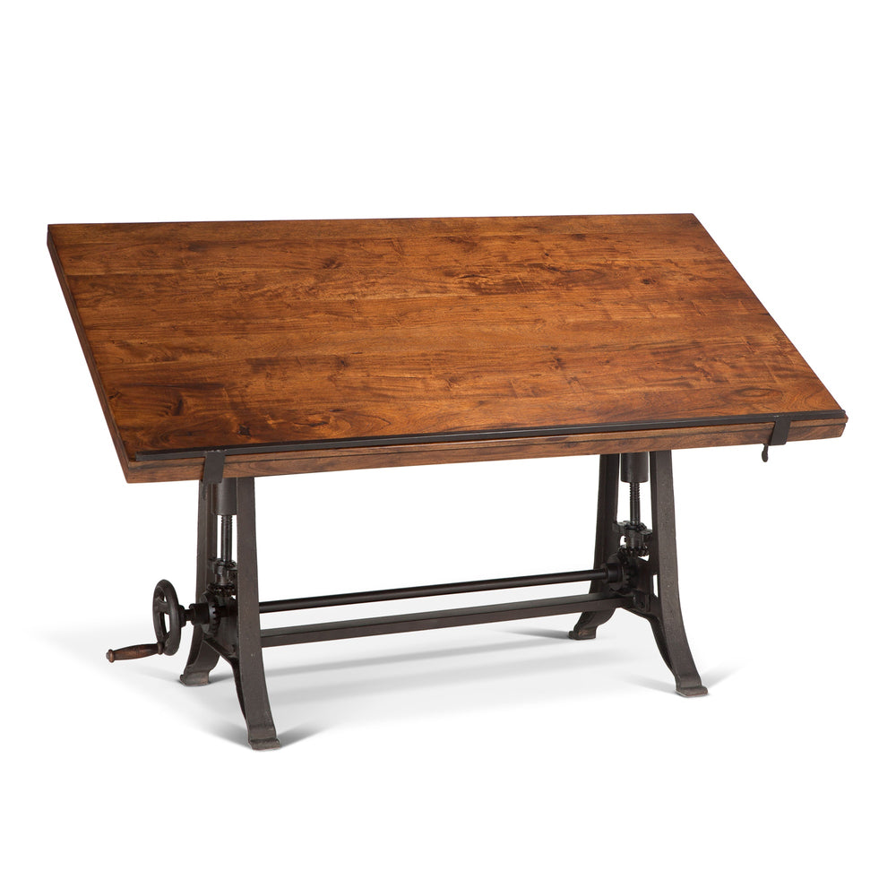 Industrial Loft 62-Inch Reclaimed Teak Wood Drafting Desk with Adjustable Crank