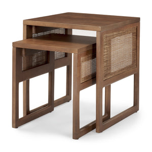 Grier Set of 2 Medium Brown Solid Wood w/ Cane Nesting Accent Tables