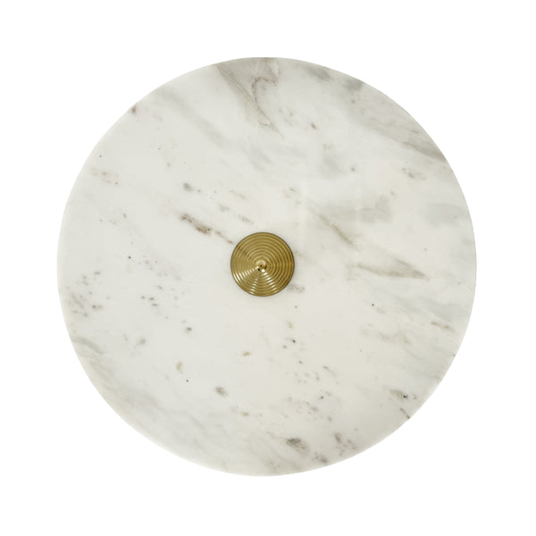 ROUND SIDE TABLE WITH CONICAL COILED BRASS BASE AND WHITE MARBLE TOP