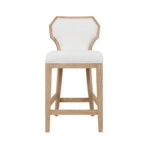 COUNTER STOOL WITH CURVED ANGLE BACK IN CERUSED OAK WITH PERFORMANCE WHITE LINEN UPHOLSTERY