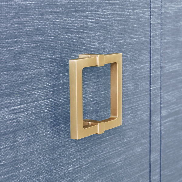 FOUR DOOR BUFFET WITH LARGE BRASS SQUARE HARDWARE IN BLUE DYED GRASSCLOTH